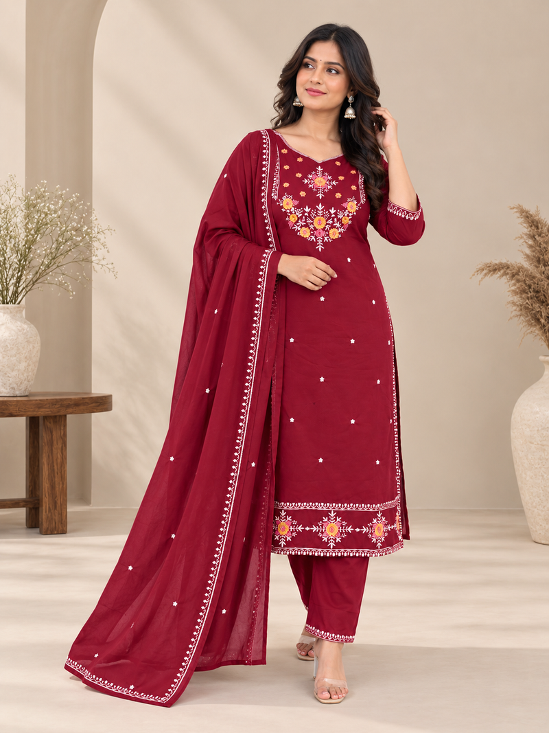 Maroon Embroidered Cotton Suit Set