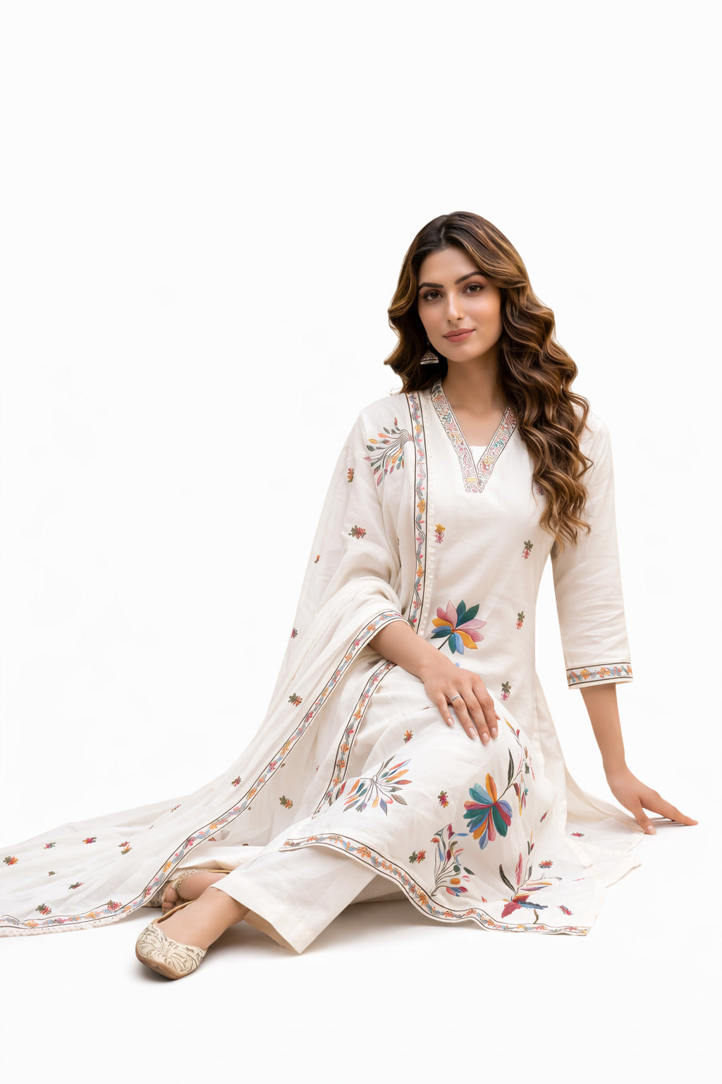 Ruaati Women Pastel Ivory Mul Cotton Kurta Set with Handcrafted Floral Design