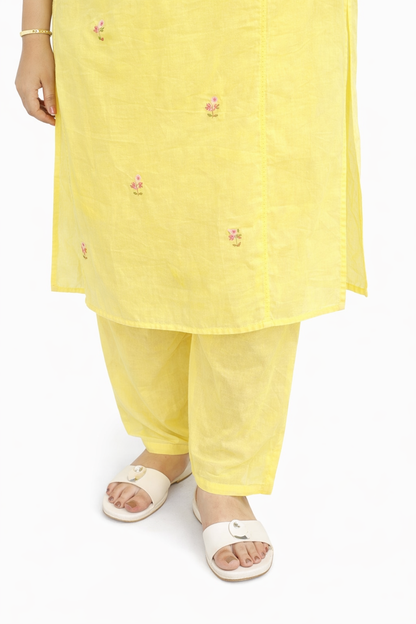 Ruaati Women Pure Mul Cotton Yellow Embroidery Kurta Pant Dupatta Set