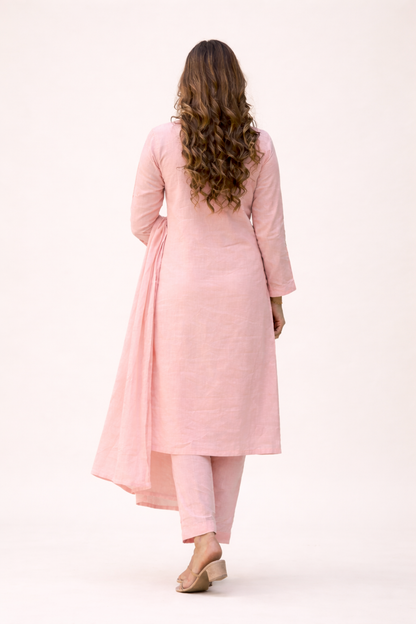 Ruaati Women Light Pink Mul Cotton Kurta Set with Floral Embroidery Work