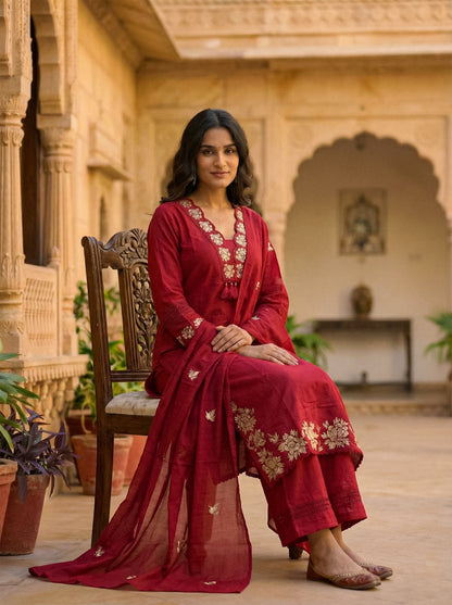 Ruaati Women Cotton Embroidered Kurta Sets with Dupatta – Elegant Ethnic Office Wear