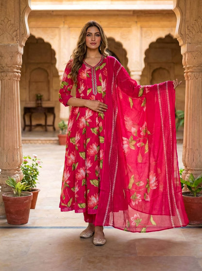 Ruaati Women Women’s Bright Pink Floral Mul Cotton Kurta Set with Dupatta