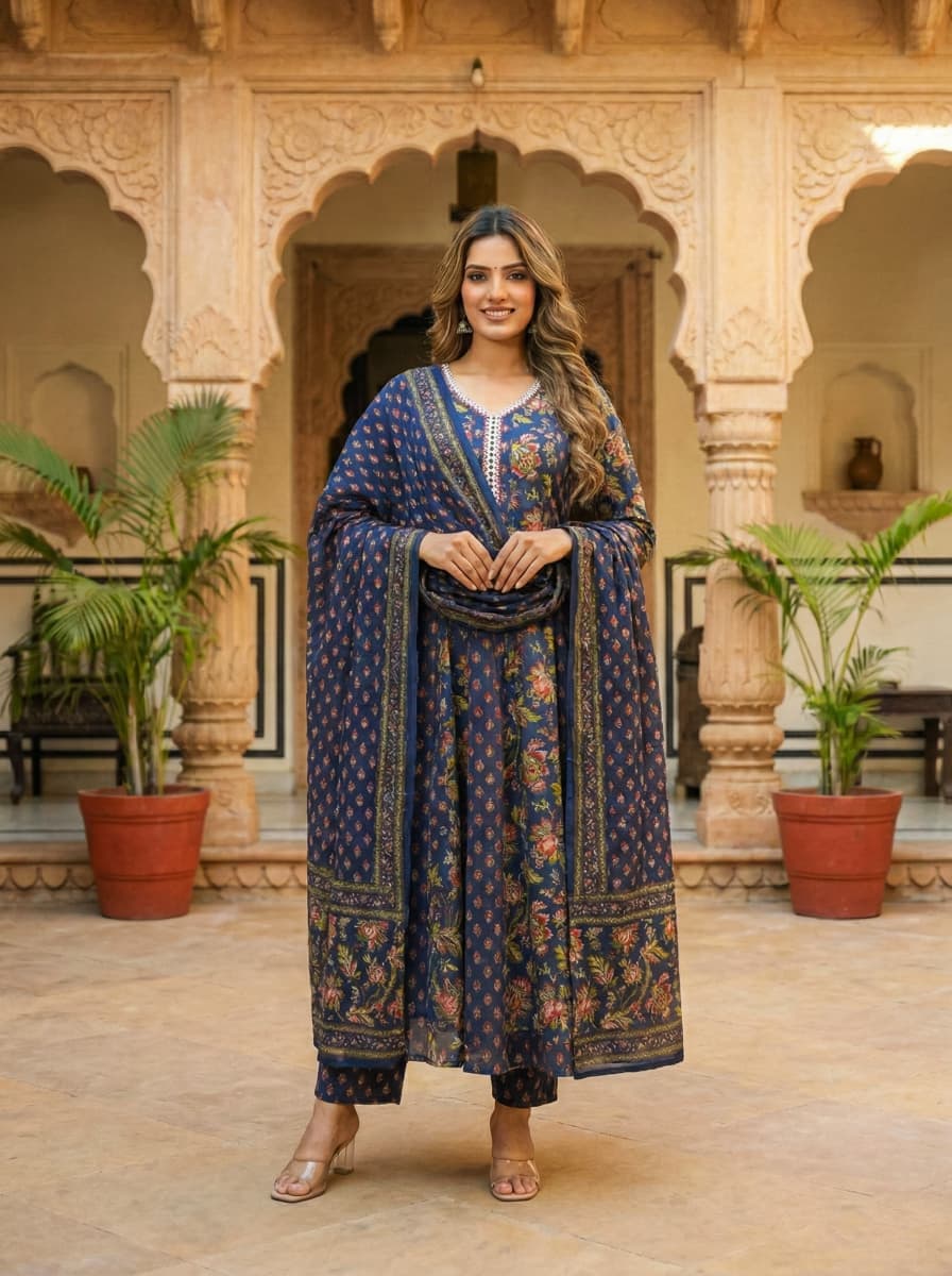 Ruaati Women Royal Indigo Floral Mul Cotton Kurta Set with Dupatta