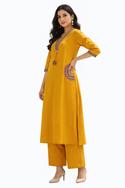 Ruaati Women Mustard Yellow Embroidered A-Line Kurta Set