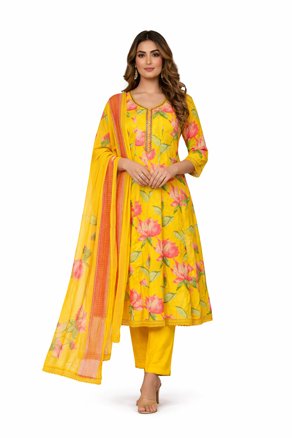 Ruaati Women Yellow Floral Kurta Set with Elegant Dupatta