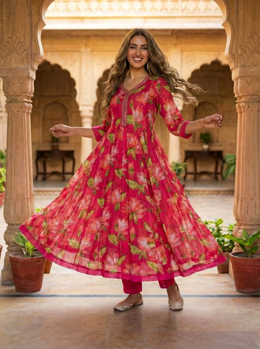 Ruaati Women Women’s Bright Pink Floral Mul Cotton Kurta Set with Dupatta