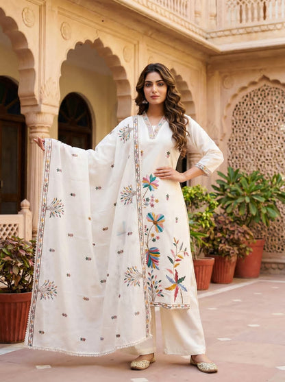 Ruaati Women Pastel Ivory Mul Cotton Kurta Set with Handcrafted Floral Design