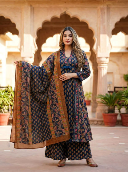 Ruaati Women Royal Indigo Floral Mul Cotton Kurta Set with Dupatta