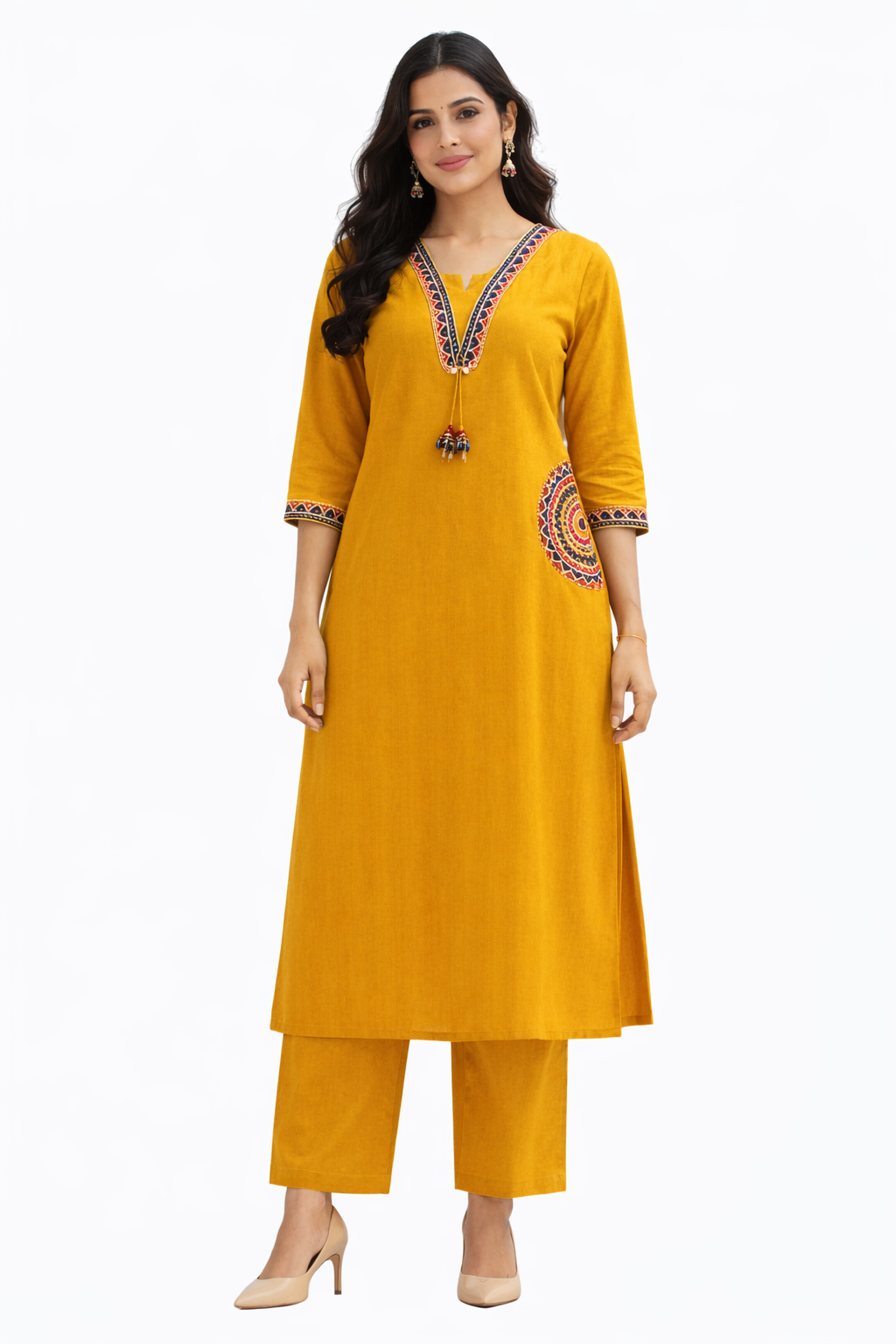 Ruaati Women Mustard Yellow Embroidered A-Line Kurta Set