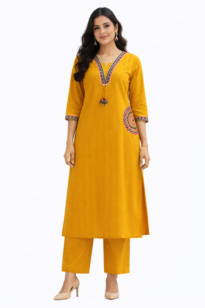 Ruaati Women Mustard Yellow Embroidered A-Line Kurta Set