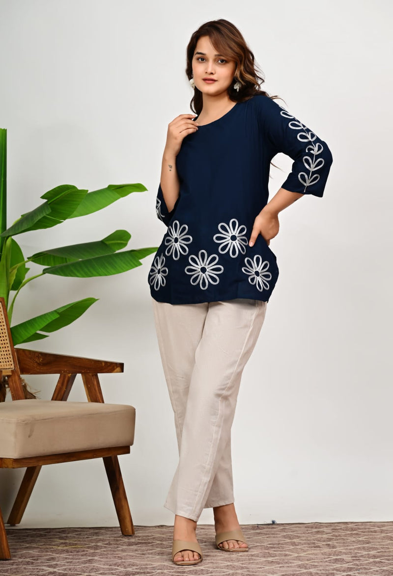 Navy Blue Floral Embroidered Kurti & Pant Set