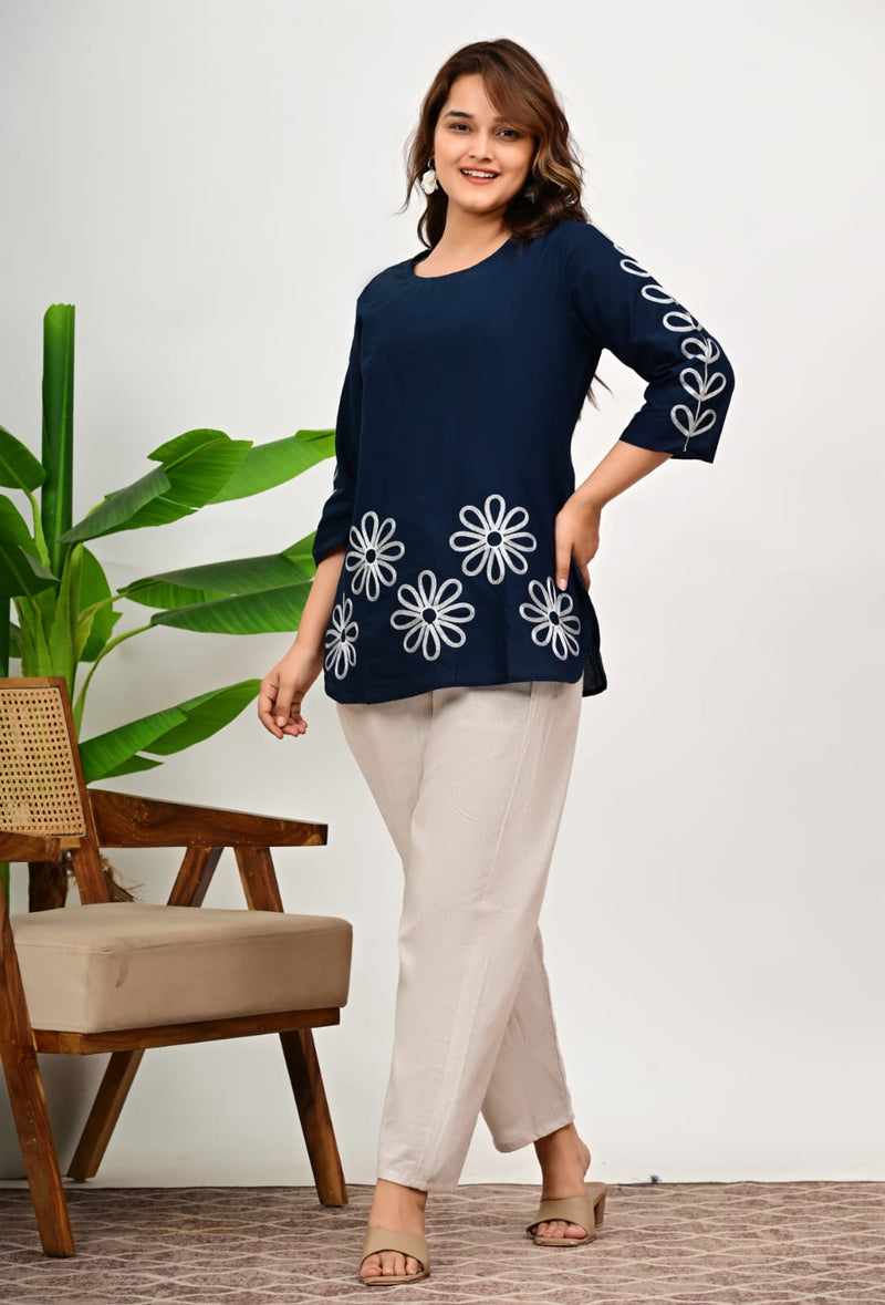 Navy Blue Floral Embroidered Kurti & Pant Set
