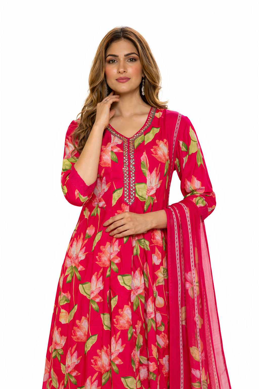 Ruaati Women Women’s Bright Pink Floral Mul Cotton Kurta Set with Dupatta