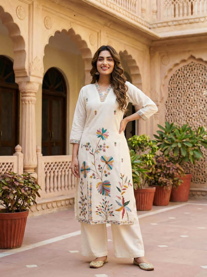Ruaati Women Pastel Ivory Mul Cotton Kurta Set with Handcrafted Floral Design