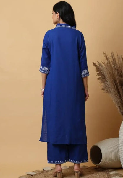 Women’s Deep Navy Blue Embroidered Cotton Kurta Set with Straight Pants