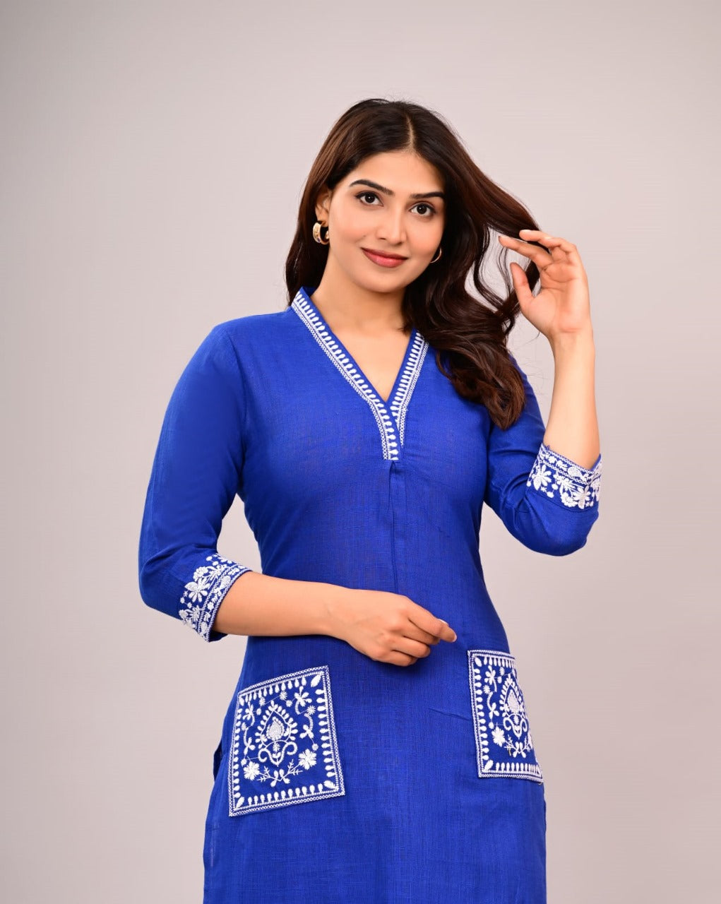 Women’s Deep Navy Blue Embroidered Cotton Kurta Set with Straight Pants