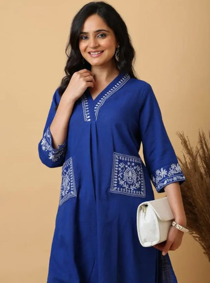 Women’s Deep Navy Blue Embroidered Cotton Kurta Set with Straight Pants