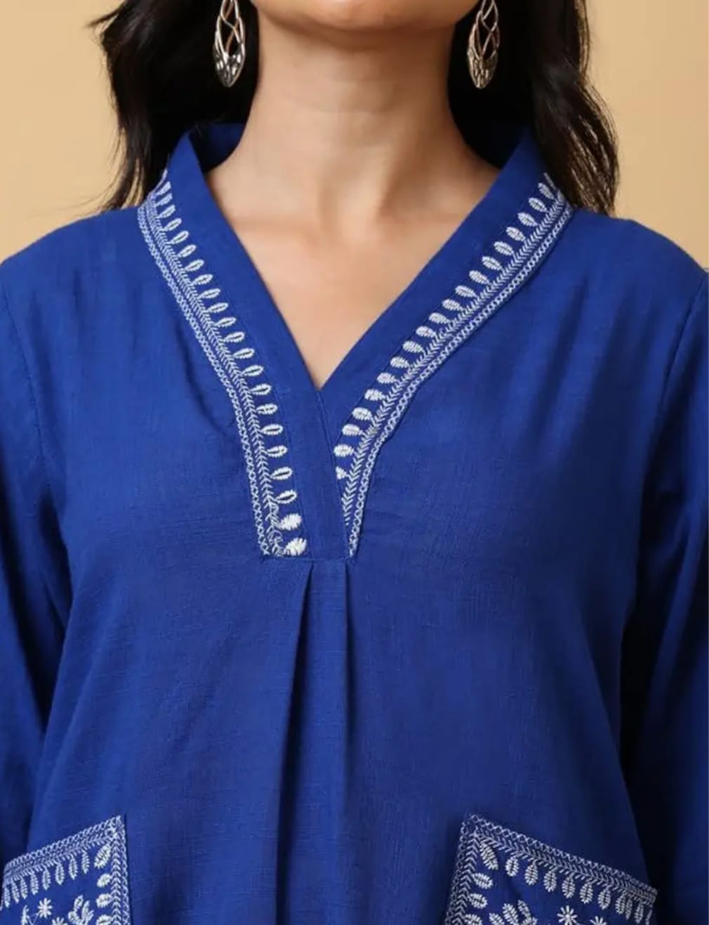 Women’s Deep Navy Blue Embroidered Cotton Kurta Set with Straight Pants