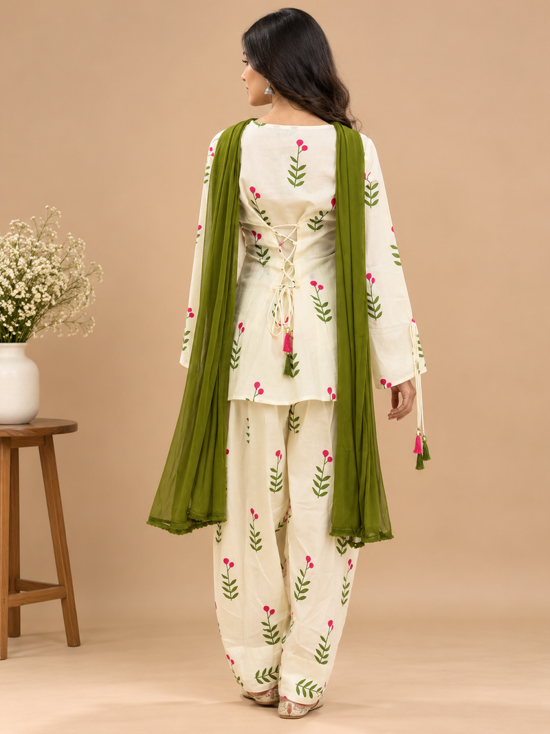 Royal Cream Printed Cotton Farsi Salwar Suit Set with Dupatta