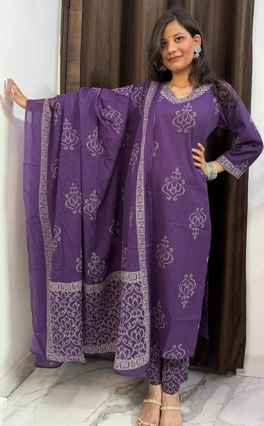 Ruaati Women Purple Embroidered Kurta Pant Set with Dupatta