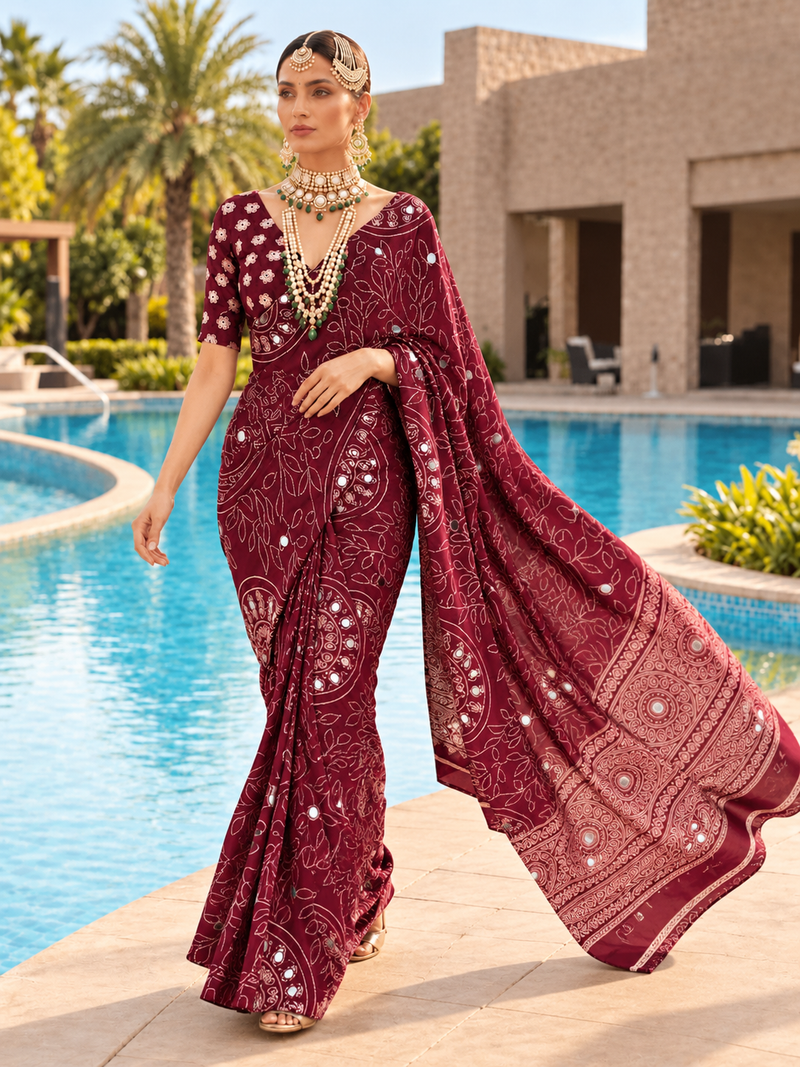 Wine Modal Silk Saree with Mirror Work & Designer Border