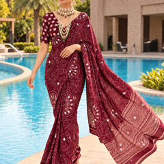 Wine Modal Silk Saree with Mirror Work & Designer Border
