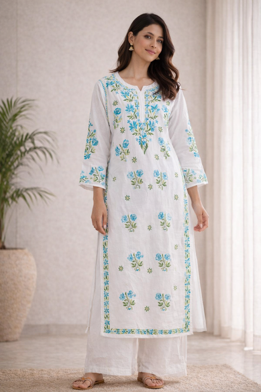 Ruaati Women White Floral Embroidered Chikankari Kurti – Modal Ethnic Wear with Blue & Green Threadwork