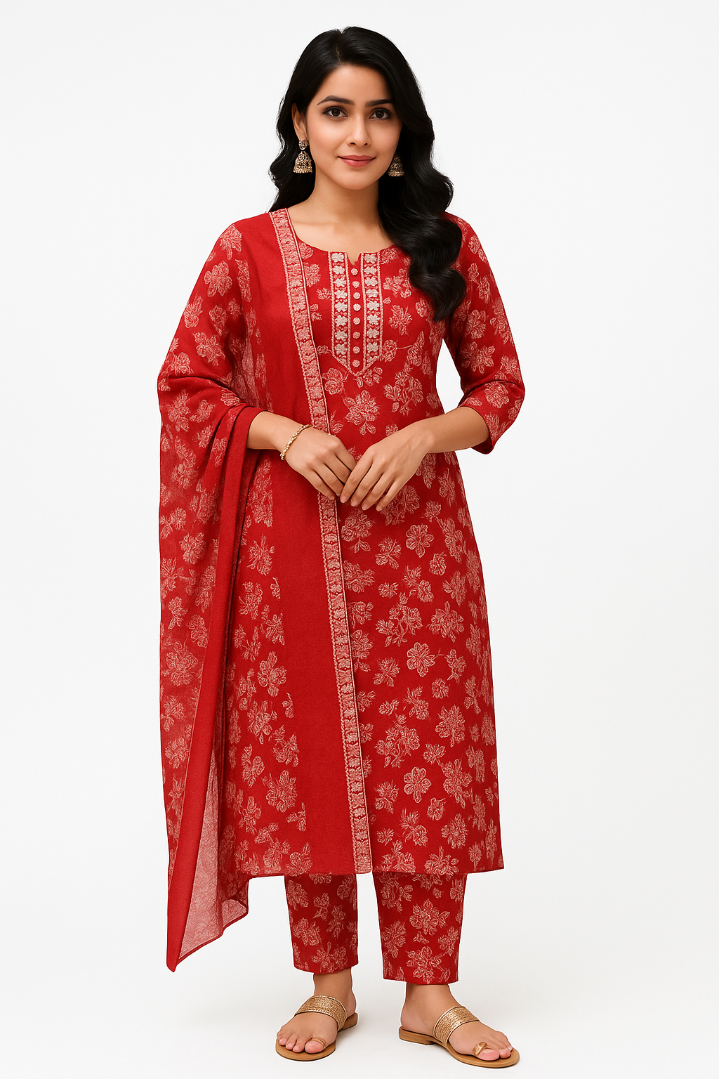 Ruaati Women Cotton Embroidery & Print Kurta Pant Dupatta Suit Set for Daily Wear