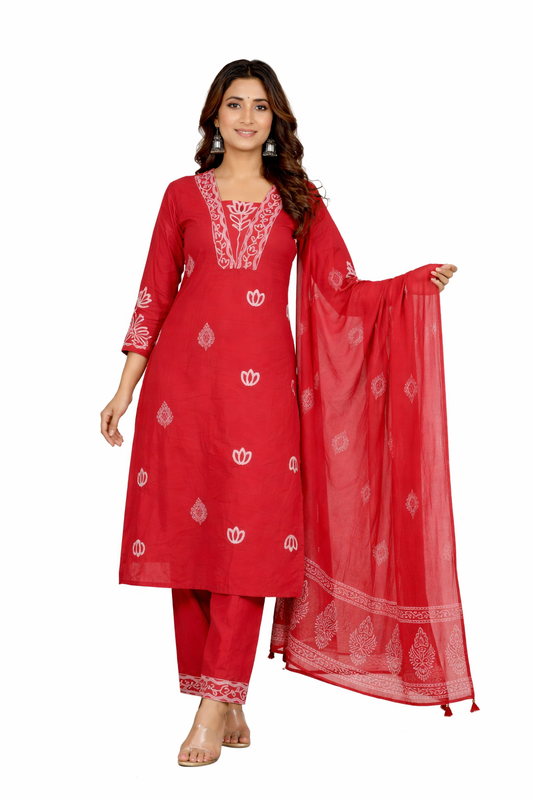Ruaati Women Cotton Embroidered Red Kurta Sets with Dupatta Ethnic Wear
