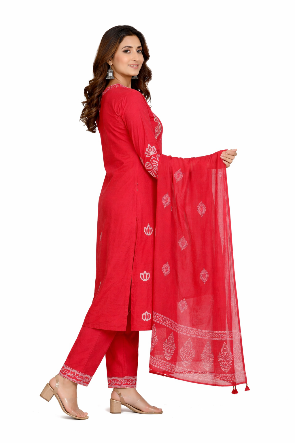 Ruaati Women Cotton Embroidered Red Kurta Sets with Dupatta Ethnic Wear