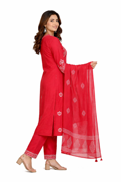 Ruaati Women Cotton Embroidered Red Kurta Sets with Dupatta Ethnic Wear