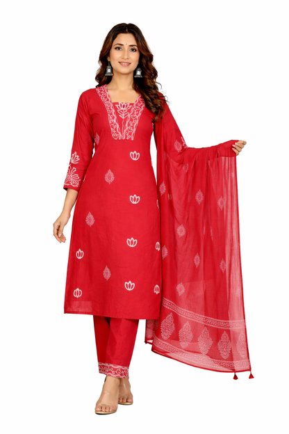 Ruaati Women Cotton Embroidered Red Kurta Sets with Dupatta Ethnic Wear