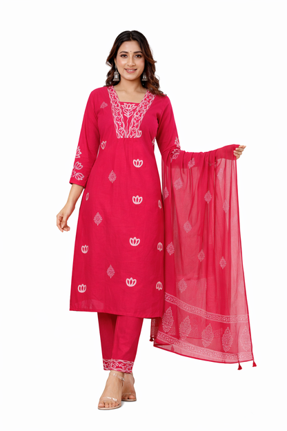 Ruaati Women Cotton Embroidered Pink Kurta Sets with Dupatta Ethnic Wear