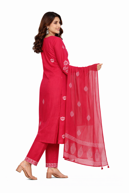 Ruaati Women Cotton Embroidered Pink Kurta Sets with Dupatta Ethnic Wear