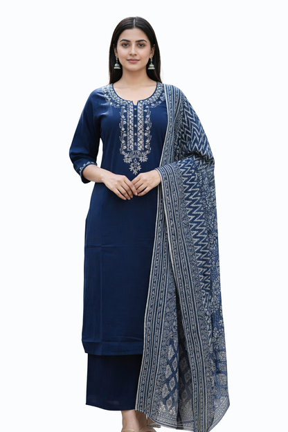Ruaati Women Cotton Embroidered Blue Kurta Sets with Dupatta Ethnic Wear