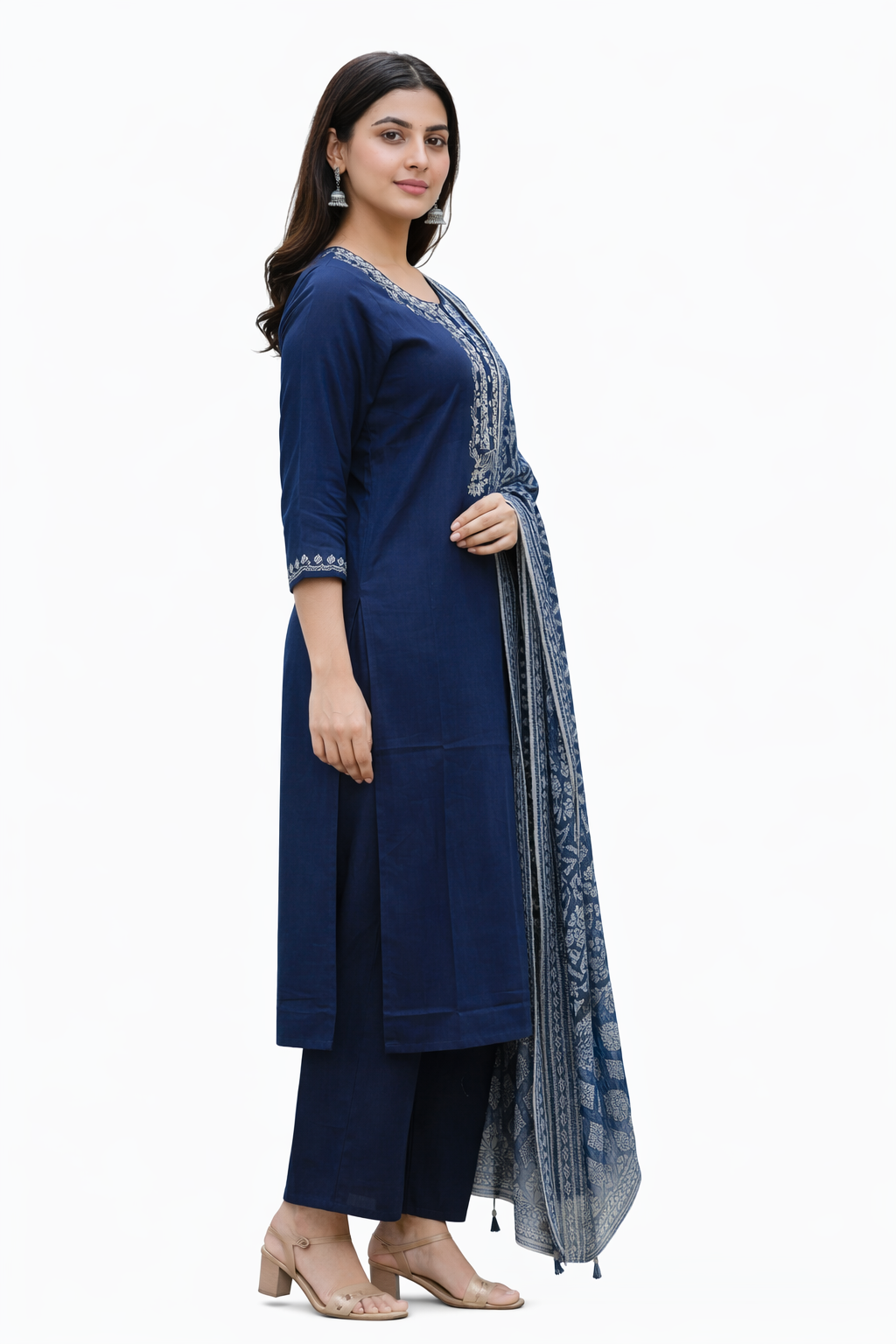 Ruaati Women Cotton Embroidered Blue Kurta Sets with Dupatta Ethnic Wear