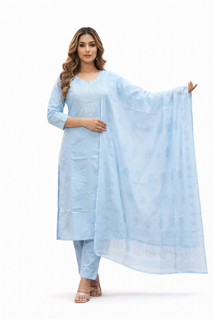 Ruaati Women Mul Cotton Embroidered Kurta Set with Dupatta Festive Wear