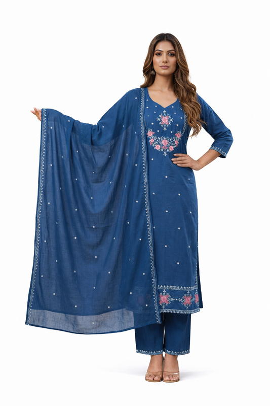 Ruaati Women Stylish Blue Mul Cotton Ethnic Set with Embroidered Detailing