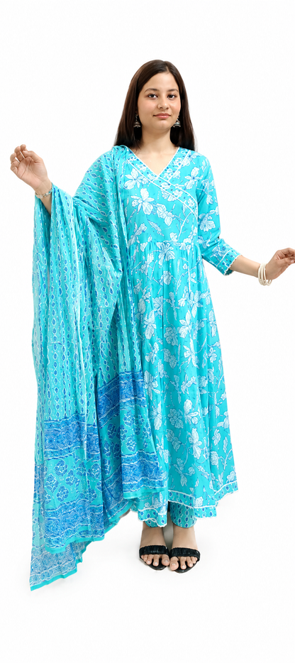 Ruaati Women Mul Cotton Sky Blue Floral Printed Anarkali Suit Set with Dupatta