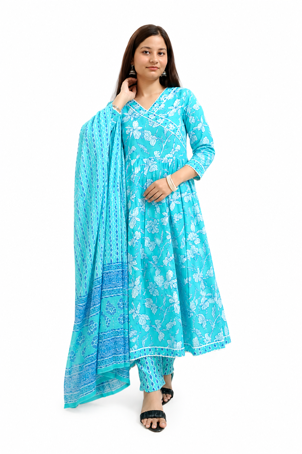 Ruaati Women Mul Cotton Sky Blue Floral Printed Anarkali Suit Set with Dupatta