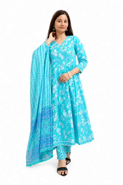 Ruaati Women Mul Cotton Sky Blue Floral Printed Anarkali Suit Set with Dupatta