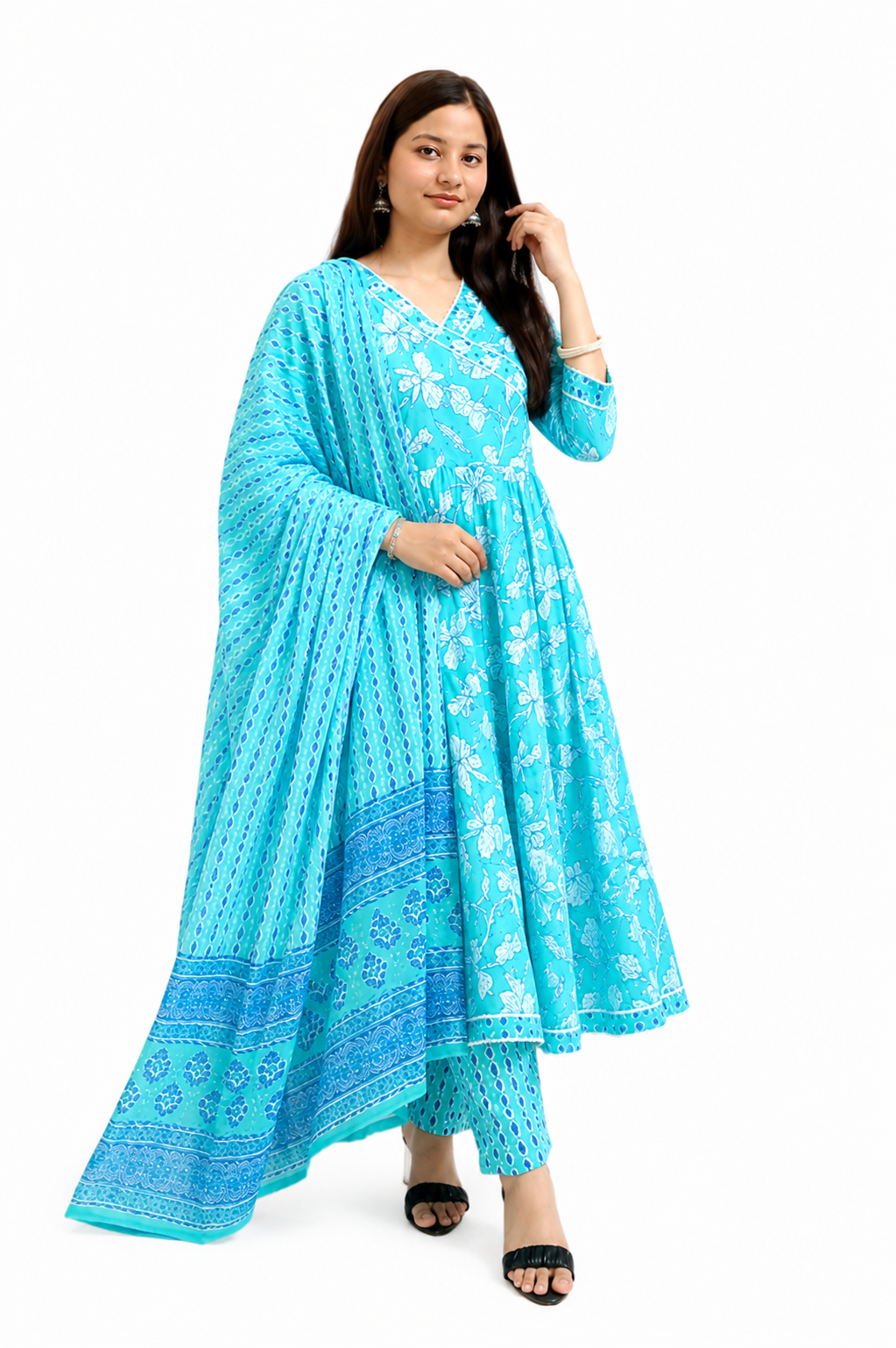 Ruaati Women Mul Cotton Sky Blue Floral Printed Anarkali Suit Set with Dupatta