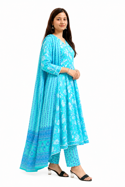 Ruaati Women Mul Cotton Sky Blue Floral Printed Anarkali Suit Set with Dupatta