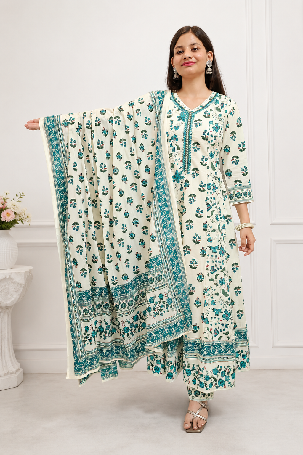 Ruaati Women Mul Cotton Cream & Teal Floral Printed Anarkali Suit Set with Dupatta