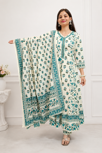 Ruaati Women Mul Cotton Cream & Teal Floral Printed Anarkali Suit Set with Dupatta
