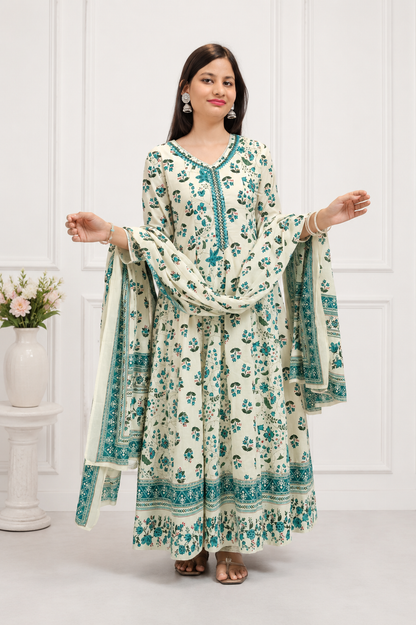 Ruaati Women Mul Cotton Cream & Teal Floral Printed Anarkali Suit Set with Dupatta