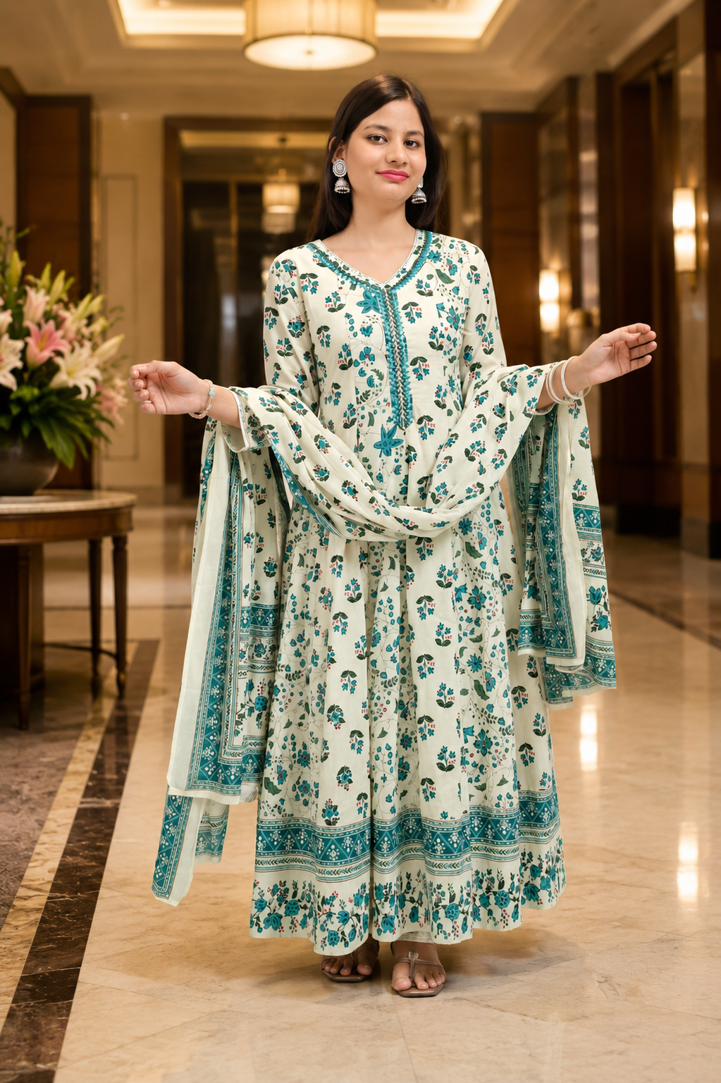 Ruaati Women Mul Cotton Cream & Teal Floral Printed Anarkali Suit Set with Dupatta