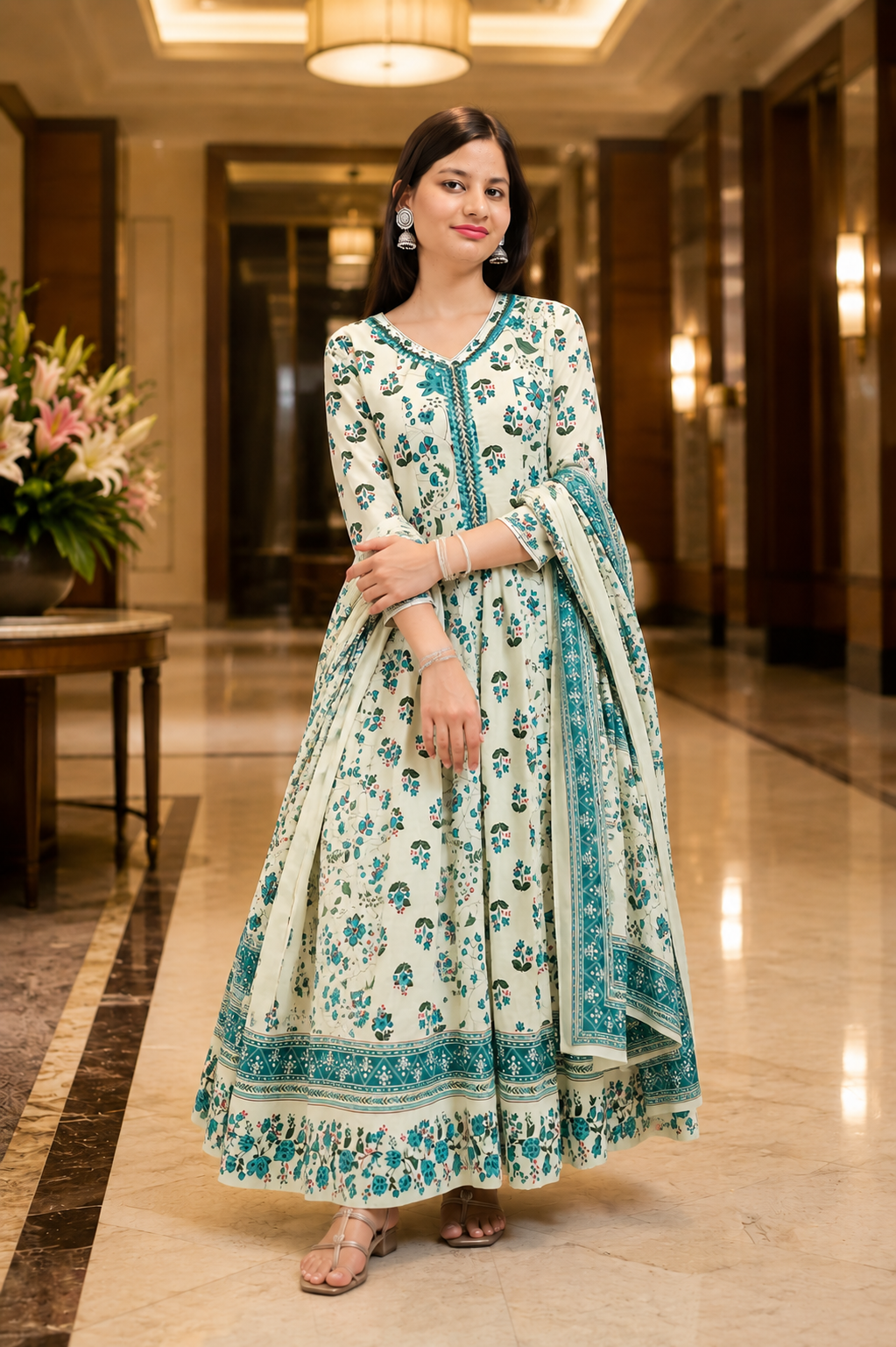 Ruaati Women Mul Cotton Cream & Teal Floral Printed Anarkali Suit Set with Dupatta