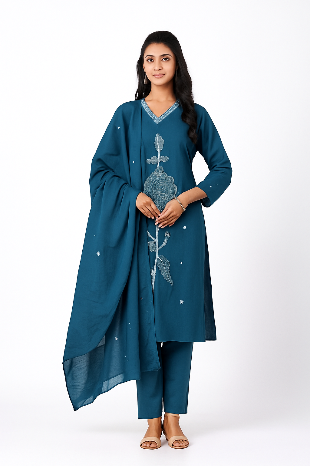 Women’s Teal Blue Embroidered Cotton Kurta Set with Dupatta