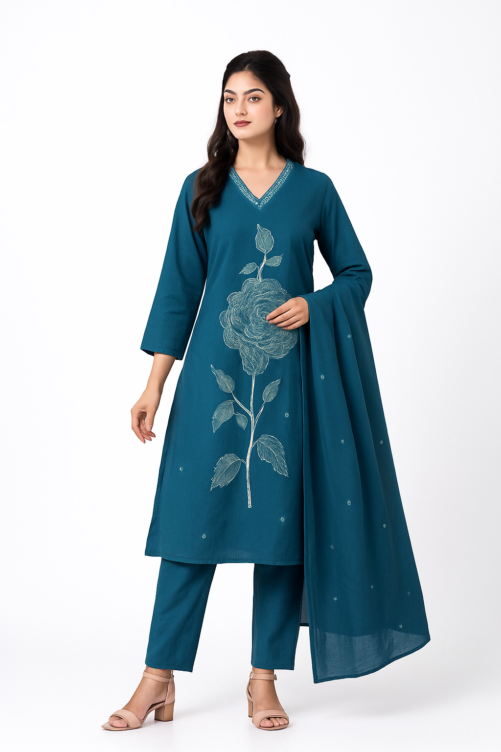 Women’s Teal Blue Embroidered Cotton Kurta Set with Dupatta